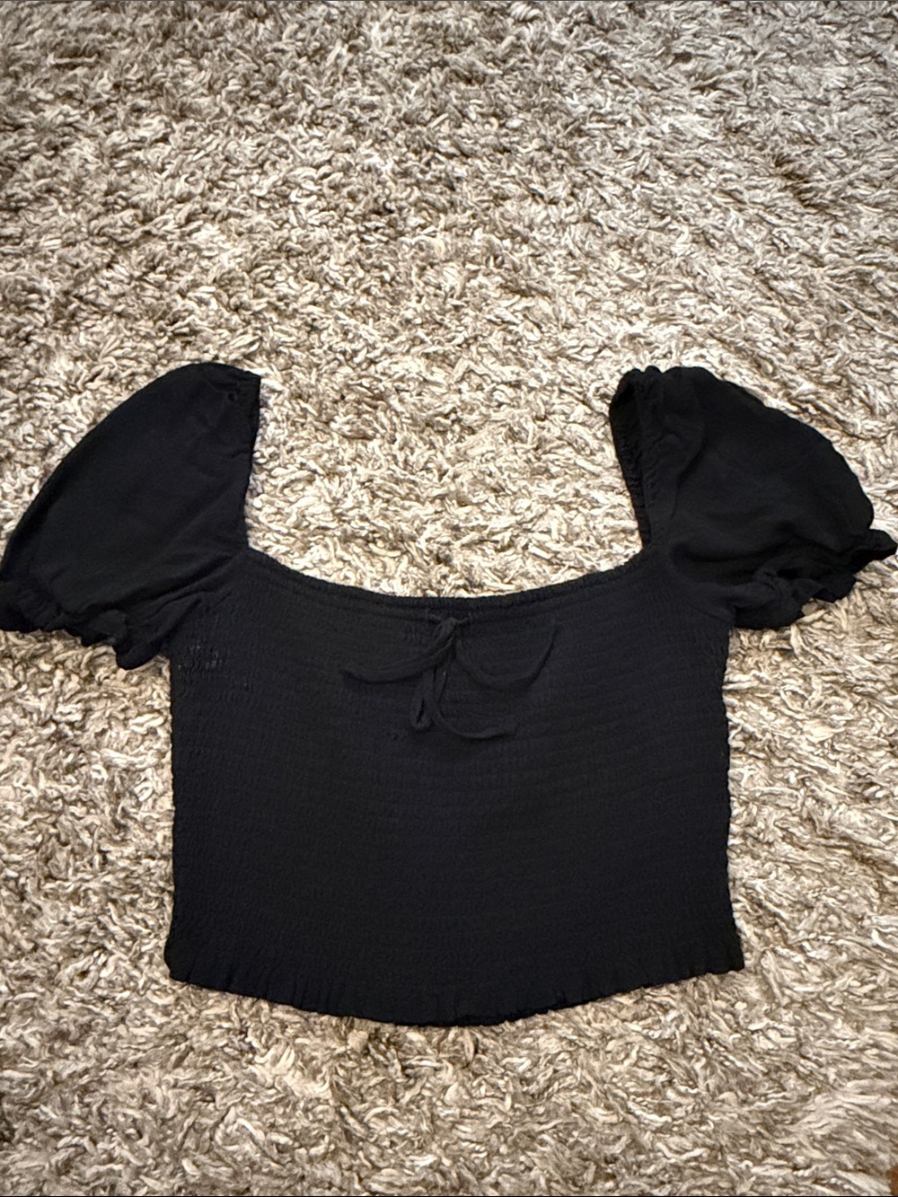 Aritzia Black Puff-Sleeve Smocked Crop Top